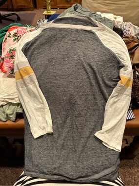 Men's Long-Sleeve Raglan Shirt - Gray with Cream & Mustard Stripe
